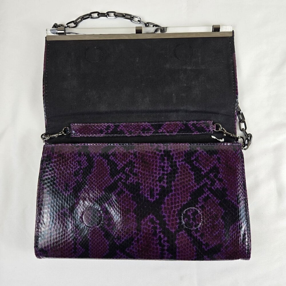 White House Black Market Purple Black Snakeskin Print Clutch Removable Chain - Picture 7 of 15